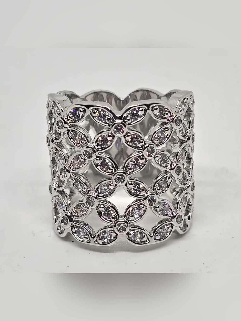 Silver-Tone CZ Floral Filigree Wide Band Ring. Size 6